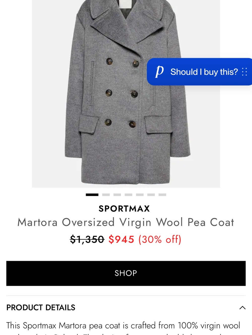 NWT Sportmax by Max Mara Martora Virgin Wool Oversized Peacoat US 2